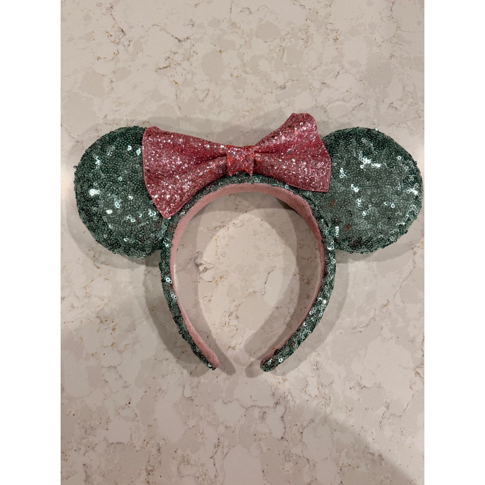 Disney Parks Minnie Mouse Ears Headband Sequin Sage Green Pink Glitter Bow